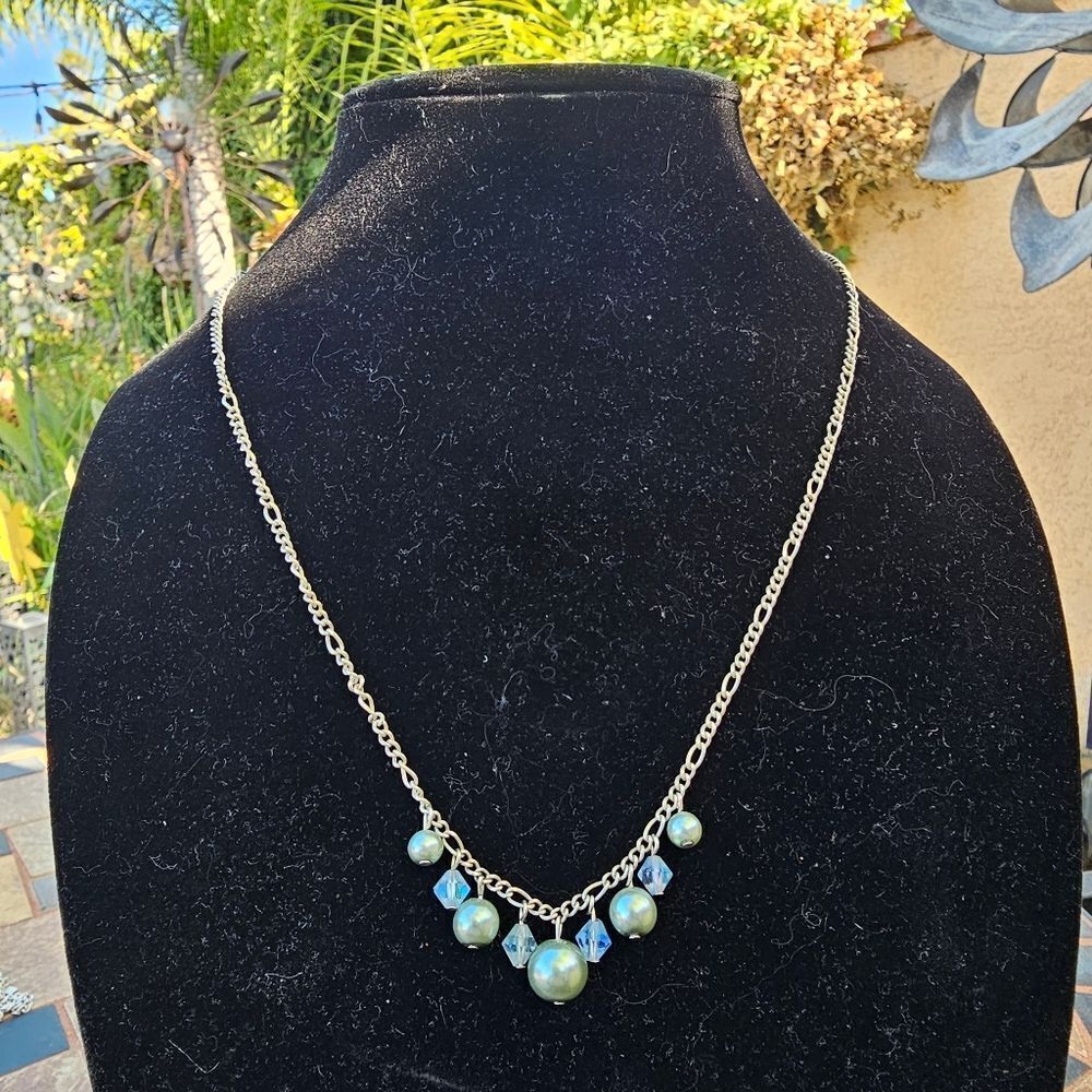 Vintage Simple Blue Bead and Crystal Dangle Necklace